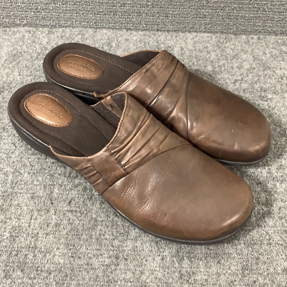 Clarks Artisan Mules Women's Size 10 N Brown Leather Slip on Wedge Clog 31026